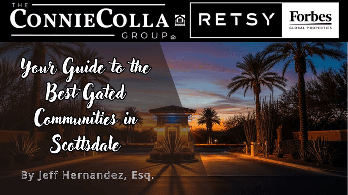 Sunset entrance of one of the best gated communities in Scottsdale with palm trees