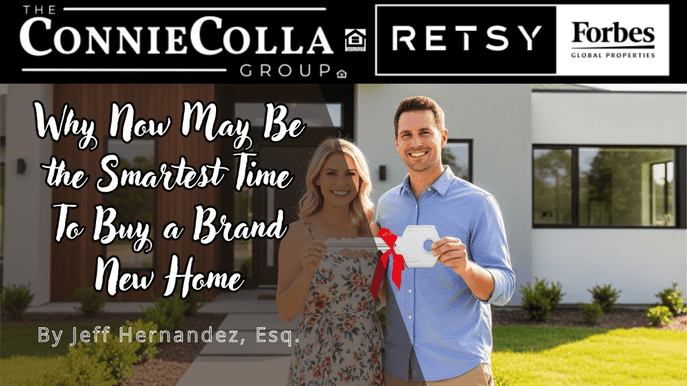 Happy buyers holding keys in front of a new modern home during the best time to buy