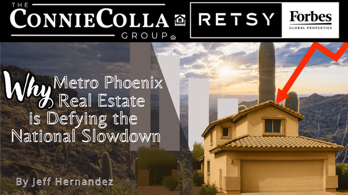 Desert home in Metro Phoenix with rising red arrow and cactus landscape defying real estate trends.