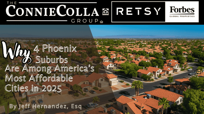 Aerial view of Phoenix suburb showcasing affordable homes with red tile roofs and desert landscaping.