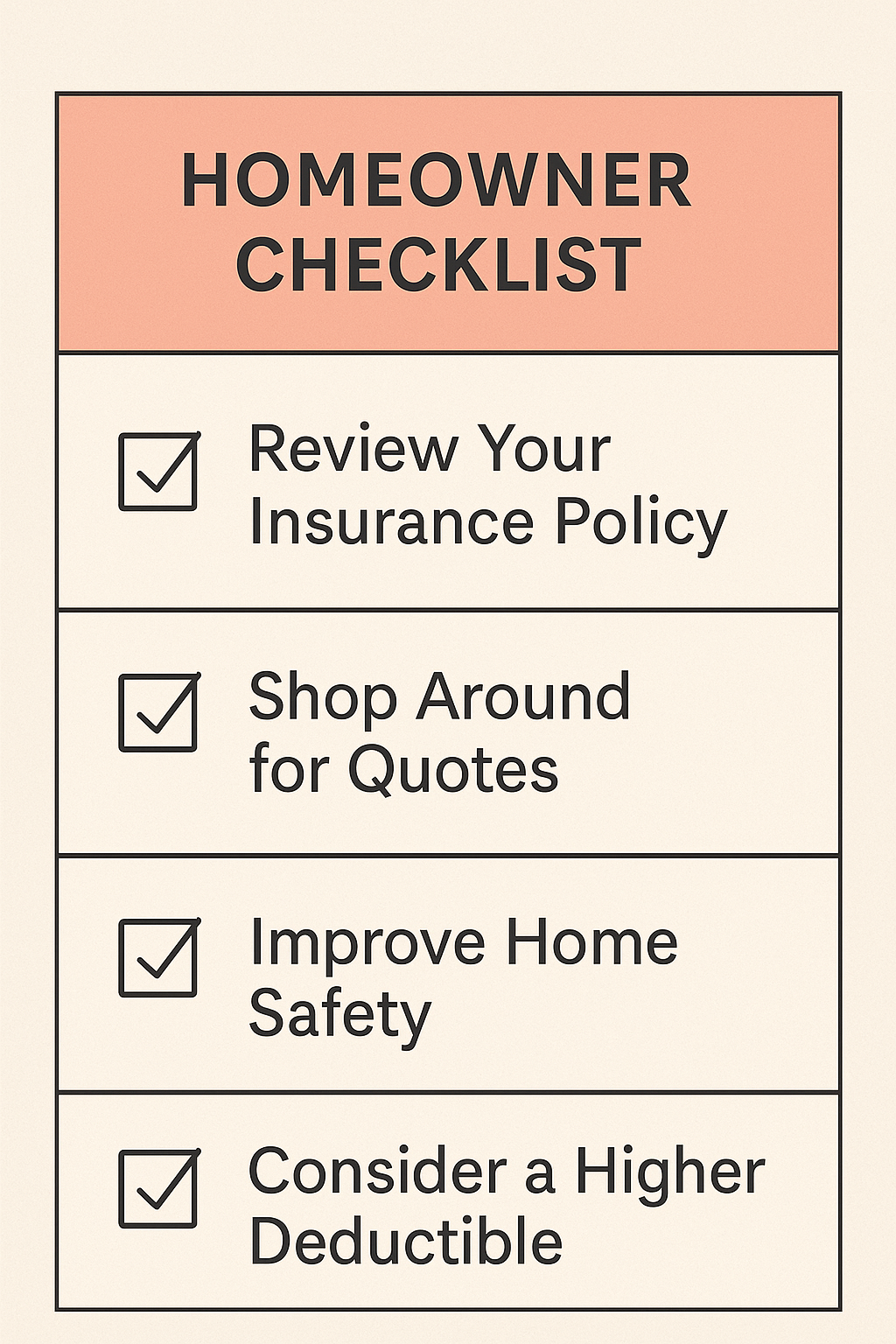Homeowner checklist with tips to reduce insurance costs and improve coverage.