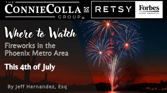 Crowd watching 4th of July fireworks over water in Phoenix with cacti and sunset in background.