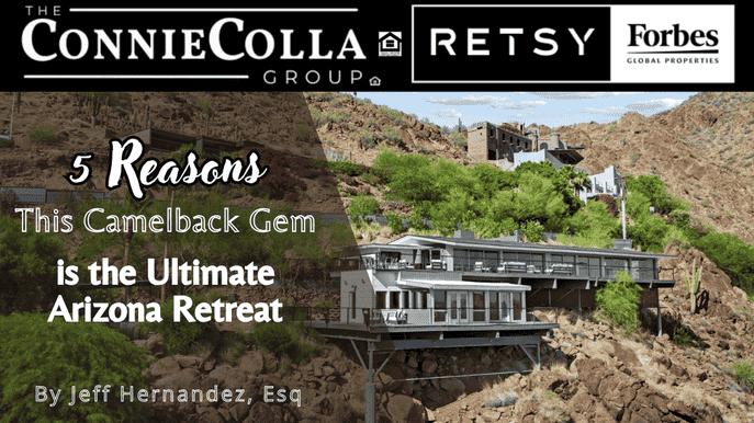 Modern luxury home perched on Camelback Mountain with desert views and lush landscaping.