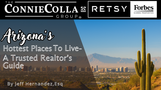 Phoenix skyline with desert cactus and mountains, promoting Arizona's best places to live in 2025.