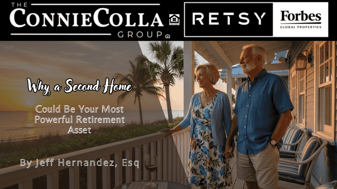 Smiling retired couple enjoying a beachfront sunset from the porch of their second home
