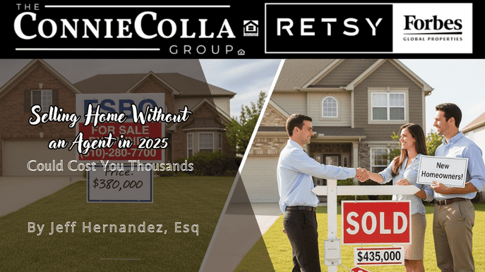 Side-by-side homes showing FSBO at $380K vs agent-sold home at $435K with happy new owners