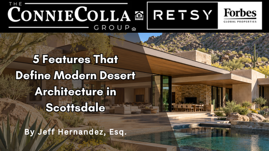 Modern desert architecture in Scottsdale with flat rooflines, natural stone, glass walls, and a pool