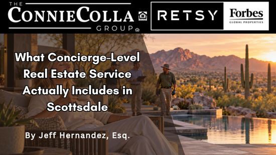 Scottsdale homeowner relaxes on patio at sunset as concierge real estate service team works