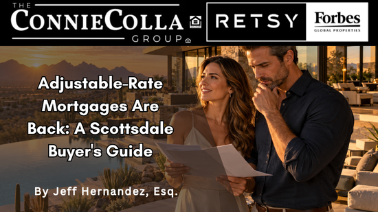 Scottsdale couple reviewing adjustable-rate mortgage options at a luxury desert home.