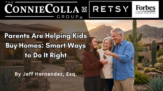 Parents helping adult child receive home keys, smart home buying support strategy