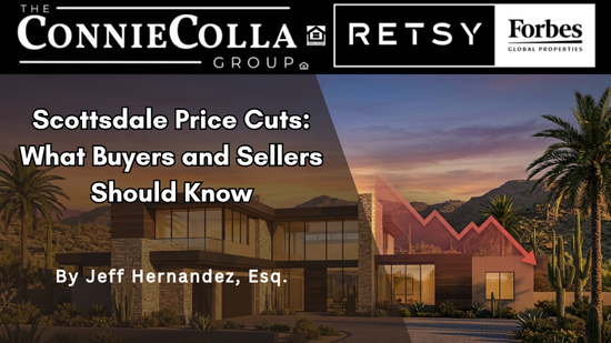Scottsdale luxury home with price cut trend arrow at sunset
