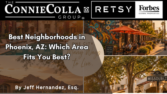 Photo collage of Phoenix neighborhoods, Biltmore, Roosevelt Row, Ahwatukee, North Central, for buyers