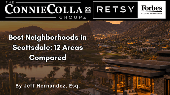 Scottsdale luxury neighborhoods with golf, lake, mountain, and city views at sunset