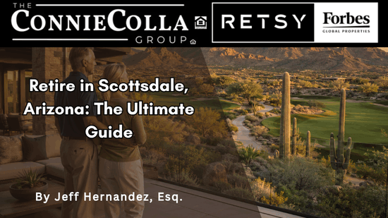 Retired couple overlooking a Scottsdale, Arizona golf course and desert mountains at sunset