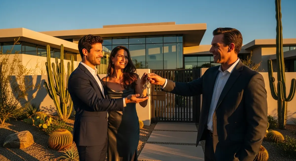 Arizona realtor handing keys to luxury home buyers after successful closing