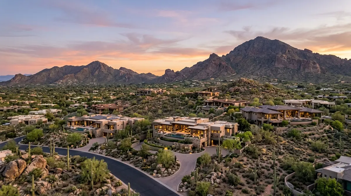 Paradise Valley luxury homes with mountain views and desert landscape at sunset