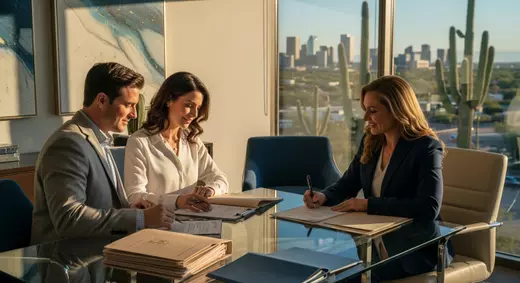 Phoenix Realtor closing deal with clients in office meeting