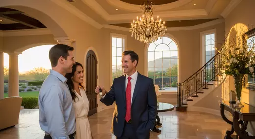 Realtor handing keys to new Silverleaf homeowners in luxury residence