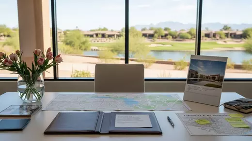 Glendale private luxury home consultation workspace with community maps and golf course views in Arizona