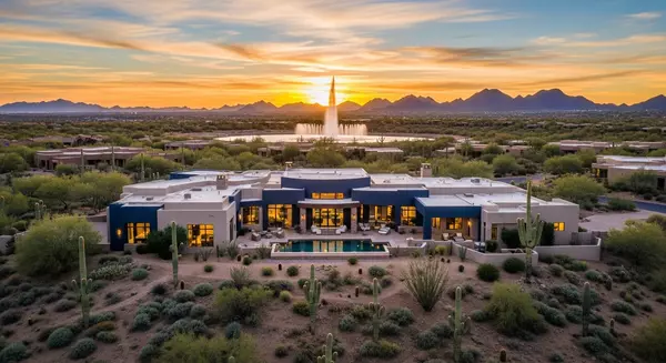 Luxury Fountain Hills home with sunset and fountain views