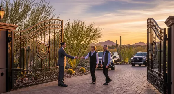 Realtor greeting clients at gated Silverleaf community entrance