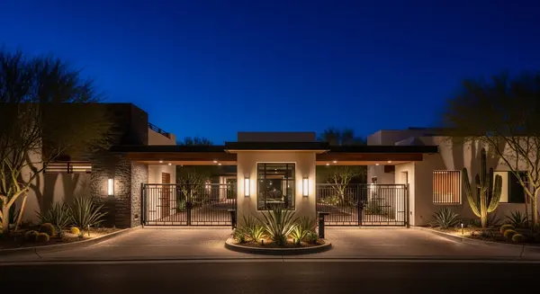 Gated luxury home entrance in Old Town Scottsdale at night