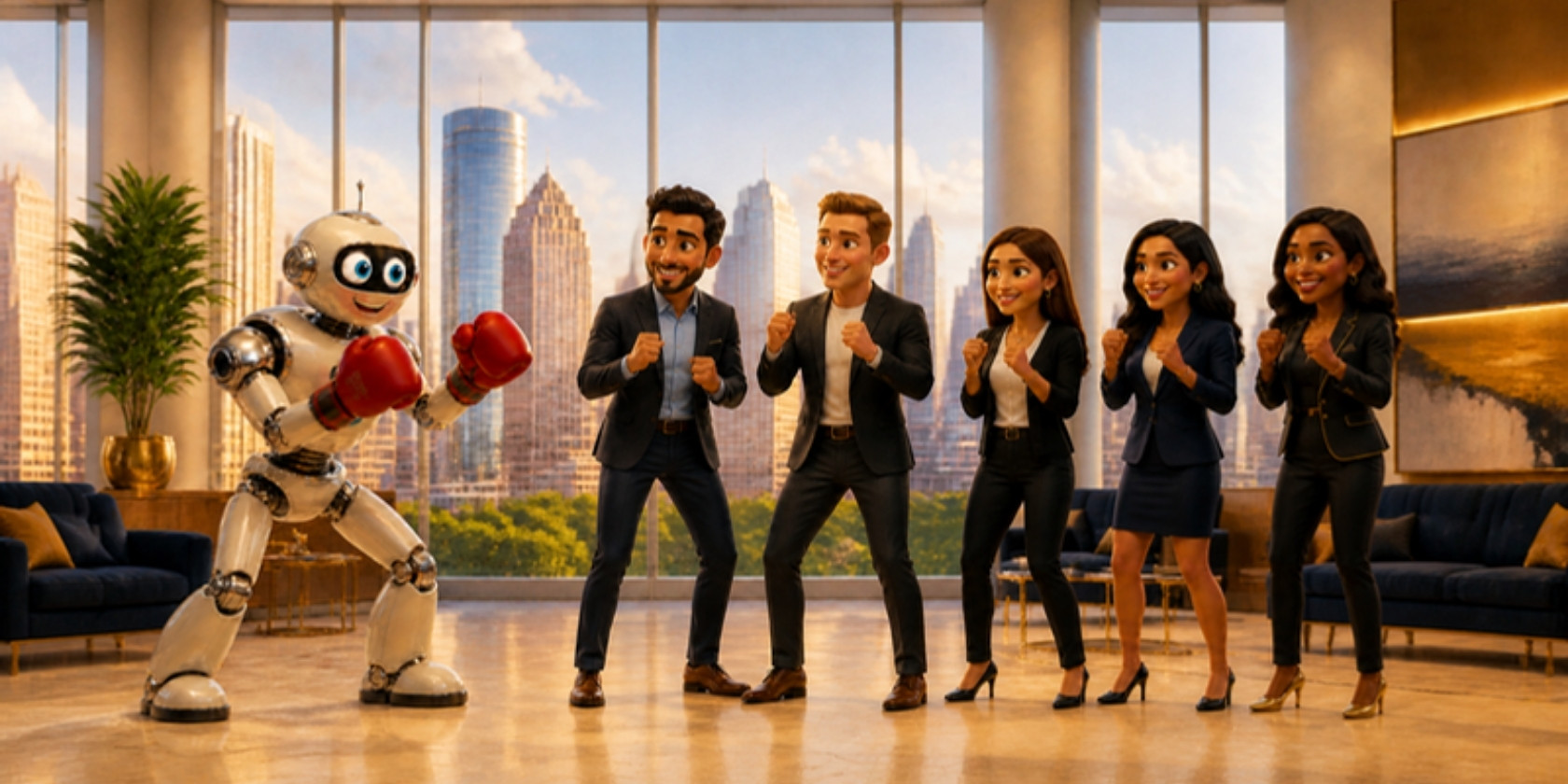 A cartoon robot in red boxing gloves playfully squaring up to the five members of the Compean Group team in a Houston office lobby