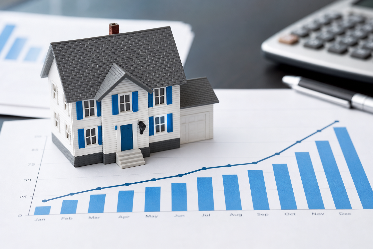Model house on top of an upward trending market chart