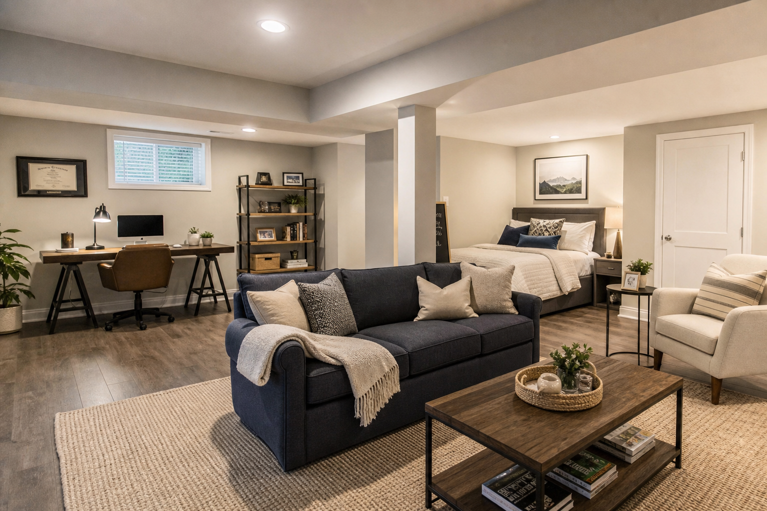 Bright finished basement staged as a home office and guest space