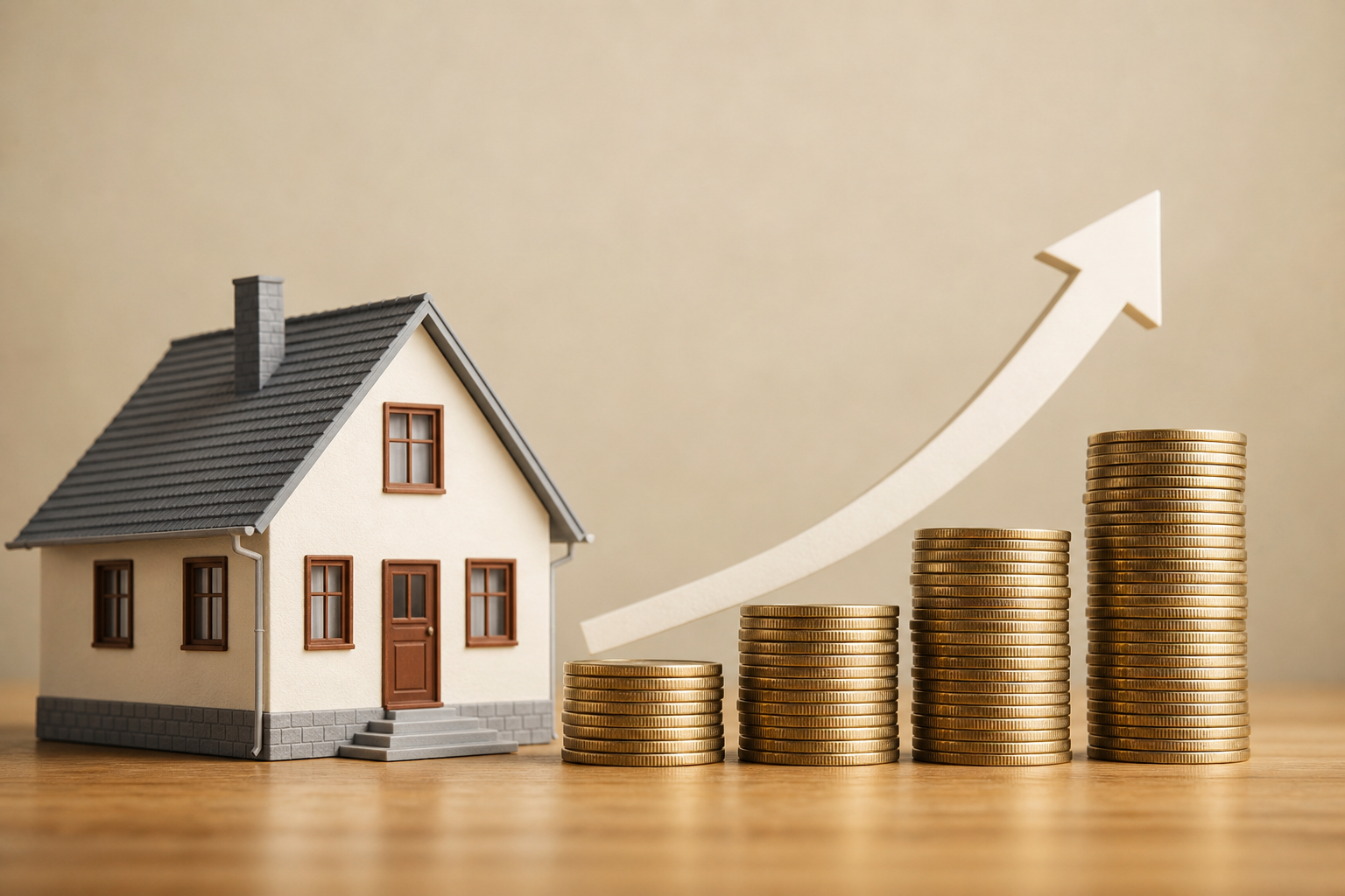 Model house next to stacked coins symbolizing home equity growth