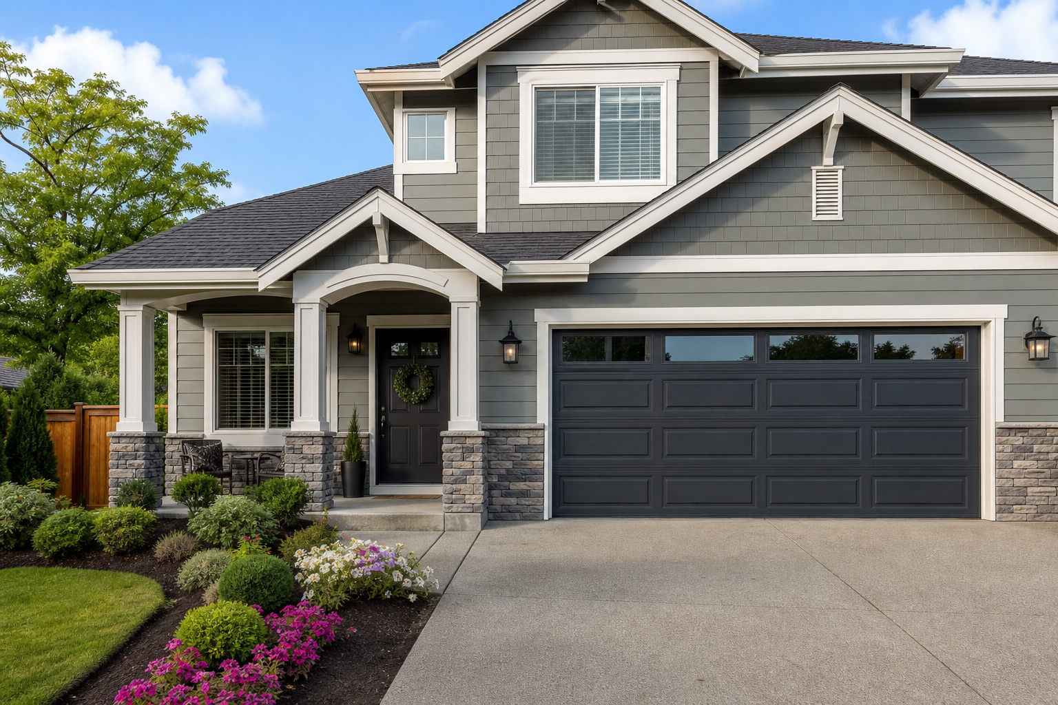 Suburban home with a freshly painted front door and new garage door