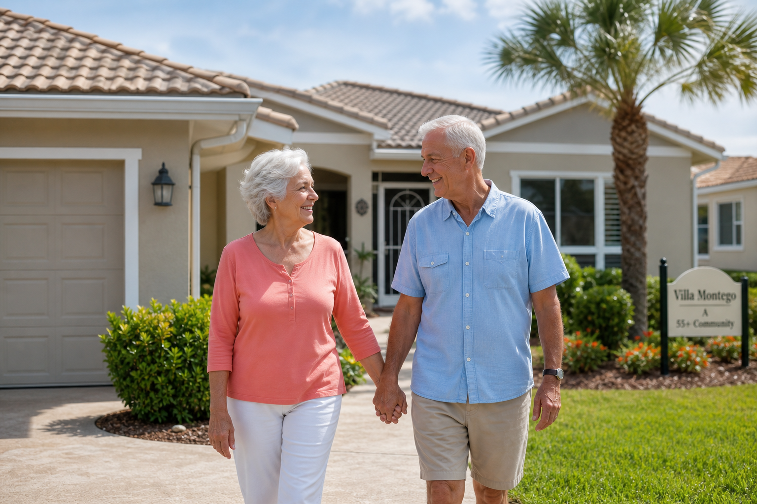 Senior couple walking hand in hand in front of a 55+ community home