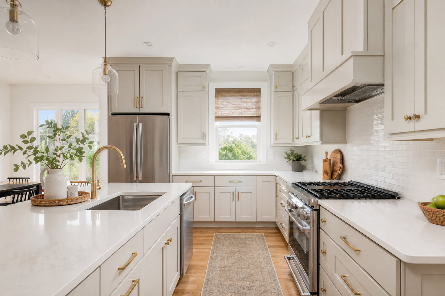 Bright updated modern kitchen with light cabinets and quartz countertops