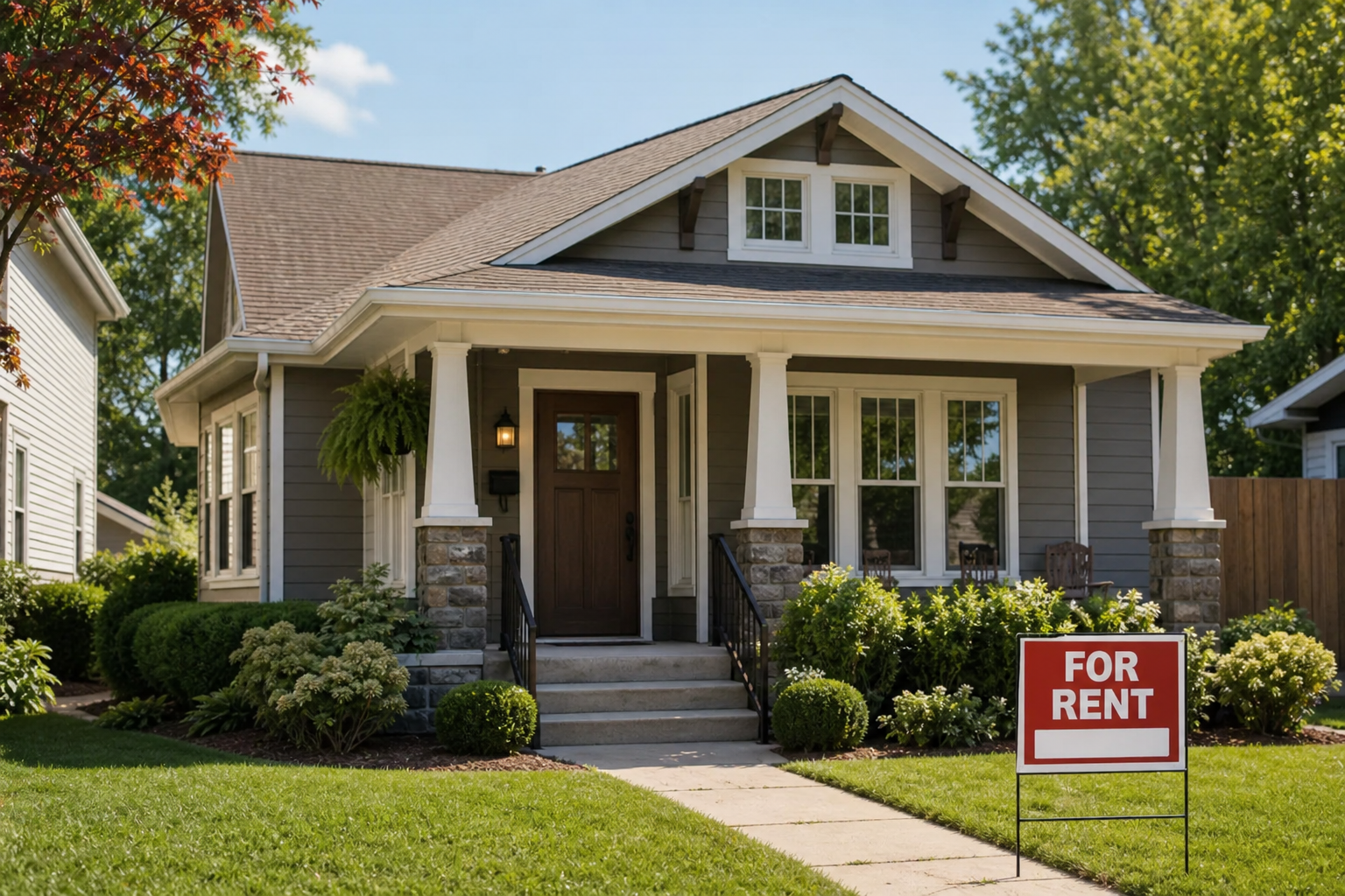 Suburban home with a For Rent sign on the lawn