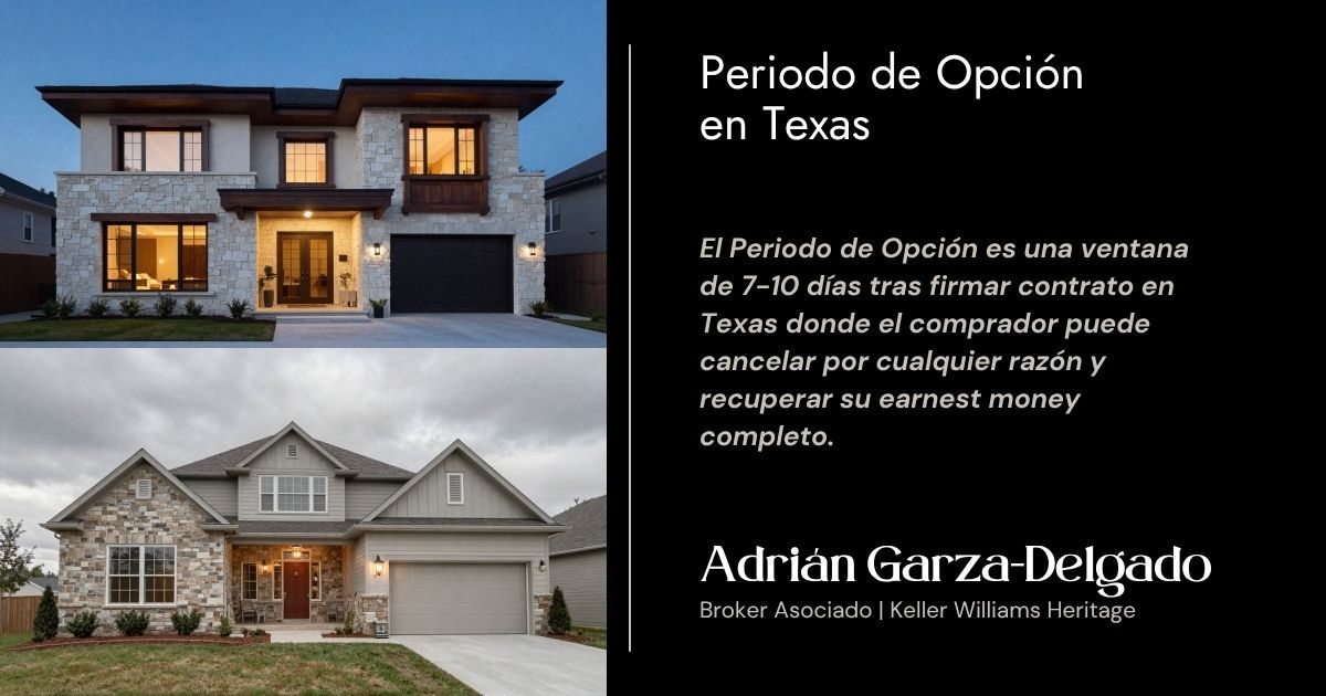 Explicación técnica del periodo de opción y diferencias entre option fee y earnest money en contratos de compraventa en Texas 2026.