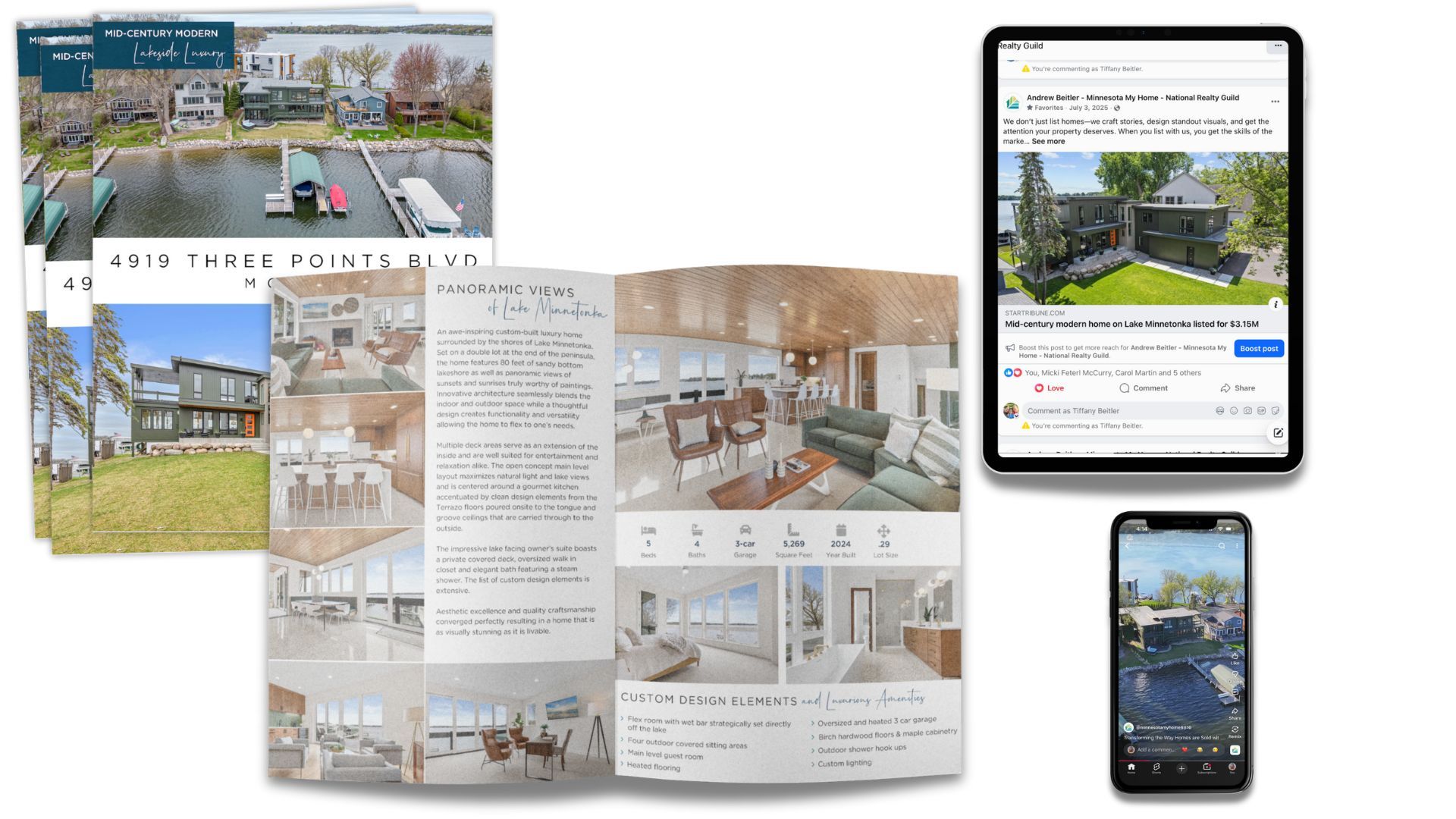 Professionally designed and printed brochures, a facebook ad on an ipad and a youtube video about a real estate listing on an iphone