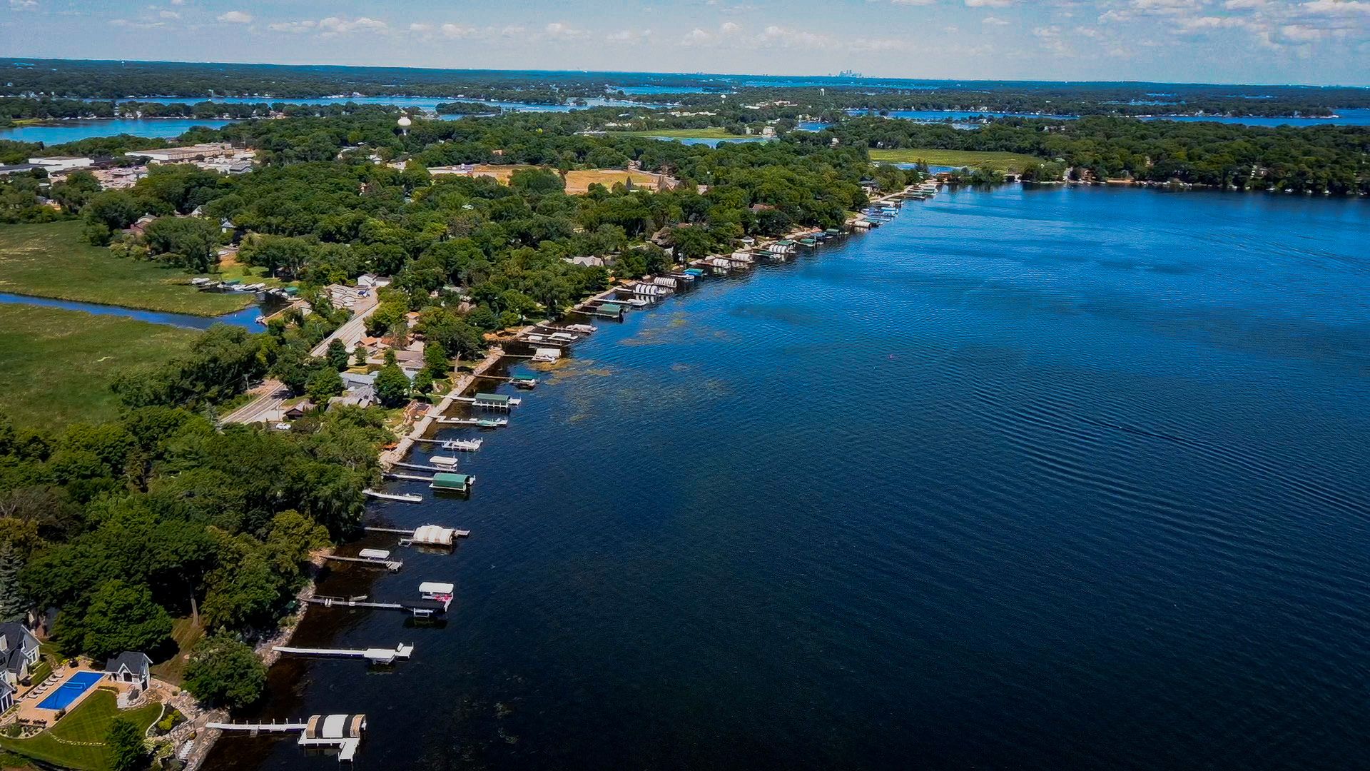 Aerial view of Cooks Bay on Lake Minnetonka in Mound, MN