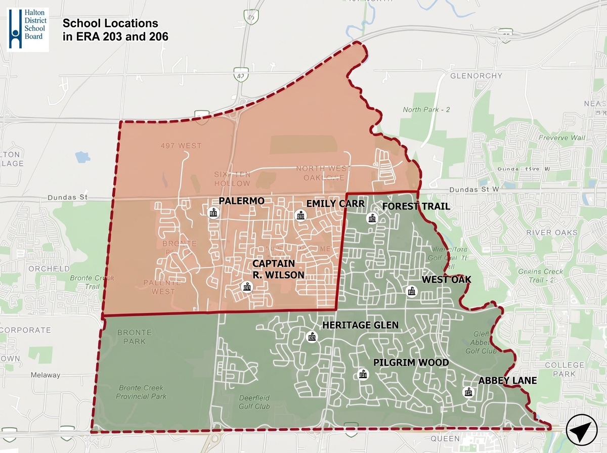 Oakville elementary school boundaries map showing catchment areas and local schools (HDSB)