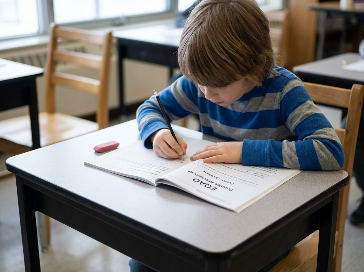 Oakville student writing an EQAO assessment in a classroom during the 2026 school year