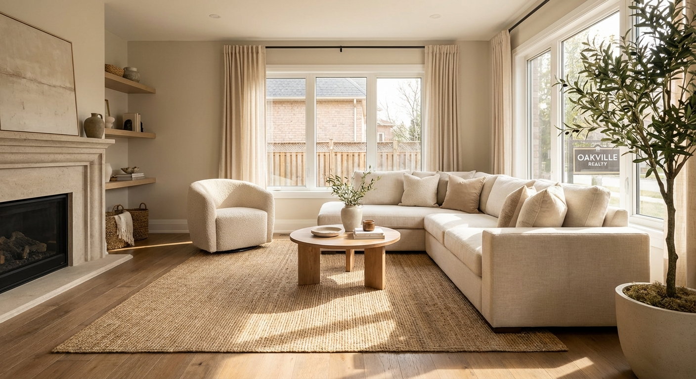 Virtual staging example showing before and after for an Oakville room