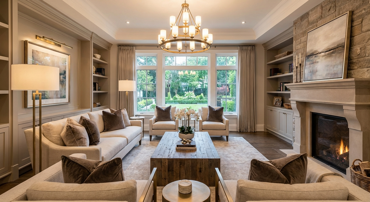 Professionally staged Oakville living room with warm lighting and modern furniture