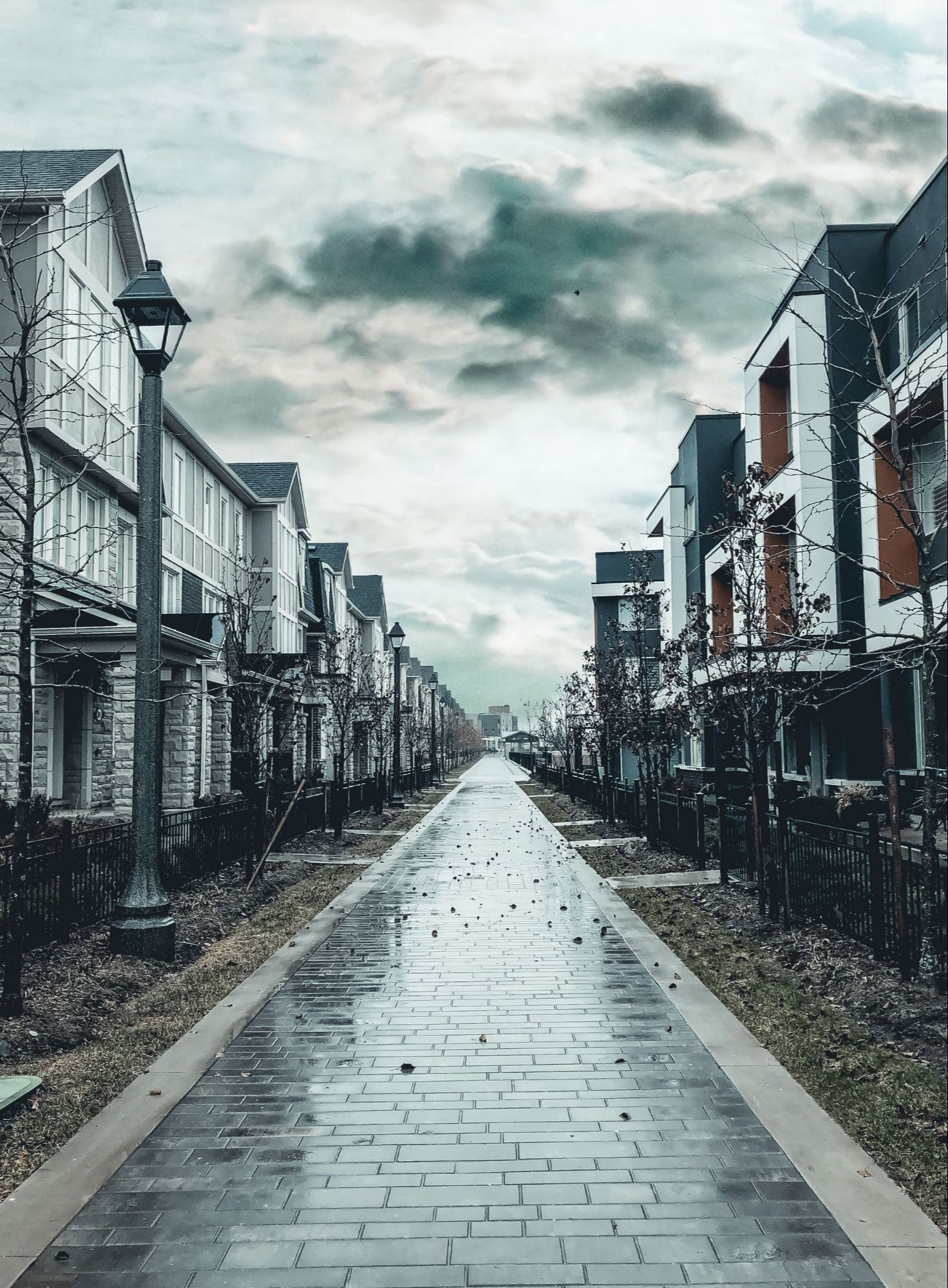 Wet brick walkway between modern stone and white townhouses in a newer Oakville or Burlington development