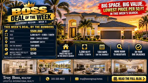 feature image of BOSS Deal of the Week - Clermont Region, Week 5: 3,288 Sq Ft for $508,000 (and the 144-Day Question)