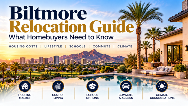 Biltmore Phoenix Arizona relocation guide featuring luxury homes, desert scenery, and neighborhood lifestyle.