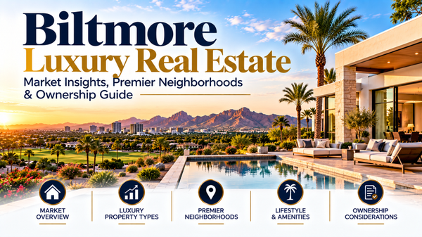 Luxury real estate in Biltmore Phoenix Arizona featuring upscale homes, desert mountains and golf communities.