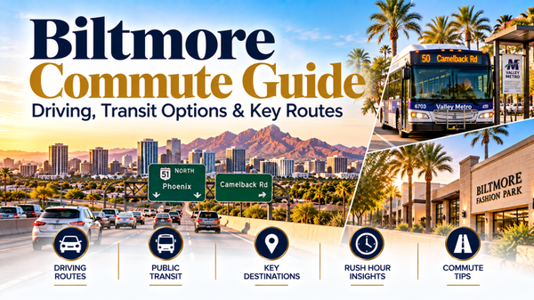 Biltmore Phoenix commute guide featuring Camelback Road traffic, SR 51, Valley Metro buses and transportation options.