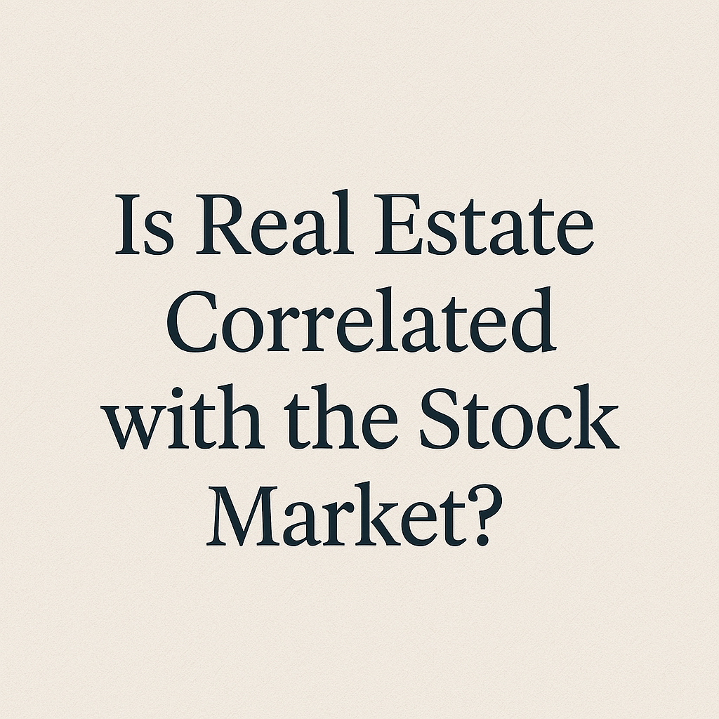 A minimalist 2D digital graphic with the question "Is Real Estate Correlated with the Stock Market?" centered in a dark navy blue serif font on a textured, off-white background. The design is clean and modern, emphasizing the question as a focal point.