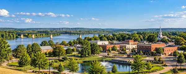 Riverside Town Panorama with Steel Bridge