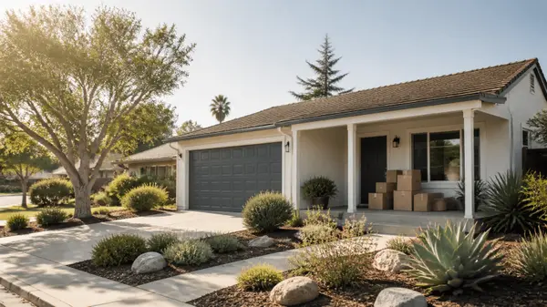 Single-story California ranch home with moving boxes on the front porch