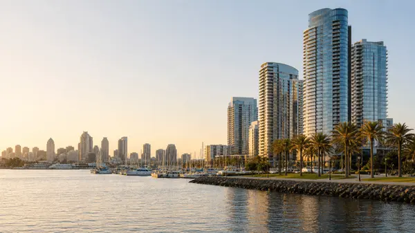 Downtown San Diego skyline and marina at golden hour